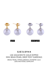 14K Mini Bean Pearl Drop Post Earrings