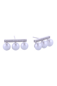 14K CZ Bar Trio Pearl Post Earrings