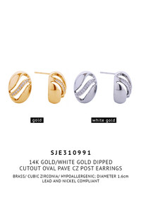 14K Cutout Oval Pave CZ Post Earrings