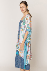 Floral Print Stripe Edge Tassel Kimono