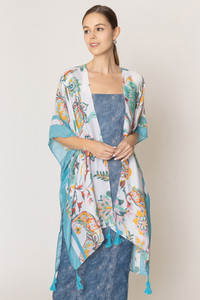 Floral Print Stripe Edge Tassel Kimono