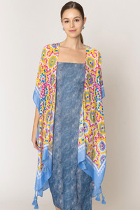 Tile Print Stripe Edge Tassel Kimono