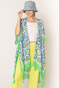 Tile Print Stripe Edge Tassel Kimono