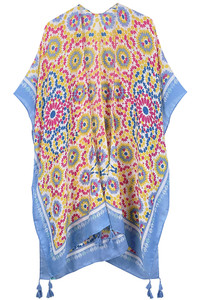 Tile Print Stripe Edge Tassel Kimono
