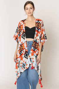 Aztec Pattern Print Tassel Kimono
