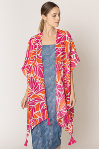 Abstract Leaves Pattern Tassel Kimono