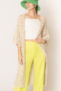 Geometric Pattern Crochet Long Solid Cardigan