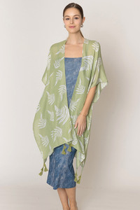 Leaf Print Two Tone Lurex Tassel Kimono