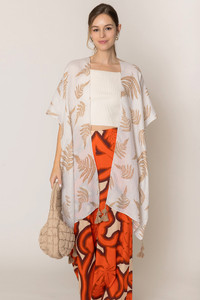 Leaf Print Two Tone Lurex Tassel Kimono