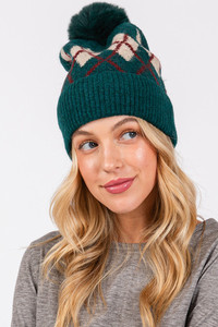 Wool Blended Argyle Fleece Pom pom Beanie