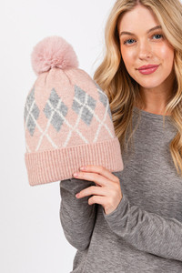 Wool Blended Argyle Fleece Pom pom Beanie