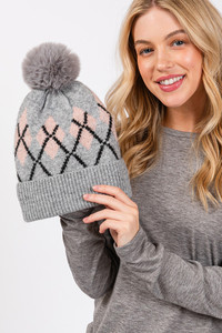 Wool Blended Argyle Fleece Pom pom Beanie