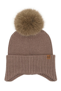C.C Earflap Pom Knit Solid Beanie Winter Hat
