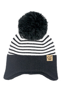 C.C Kids Stripe Earflap Yarn Pom Beanie Winter Hat