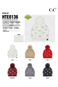 C.C Benie Allover Rhinestone Mini Bow Pom Beanie