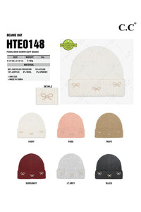 C.C Beanie Pearl Bow Charm Breast Cancer Cuff Beanie Winter Hat