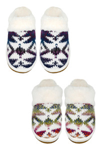 C.C Beanie Ombre Aztec Knitted Winter Slippers With Faux Fur Cuff