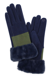 Two Tone and Stitch Lines Faux Fur Gloves
