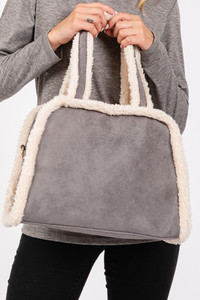 Fleece Trimmed Solid Tote and Crossbody Bag