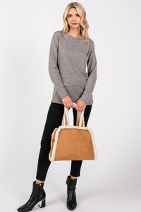 Fleece Trimmed Solid Tote and Crossbody Bag