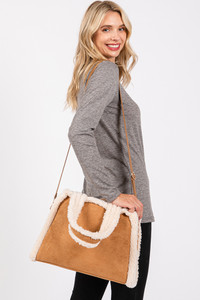 Fleece Trimmed Solid Tote and Crossbody Bag