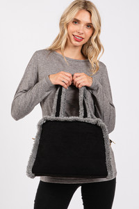 Fleece Trimmed Solid Tote and Crossbody Bag
