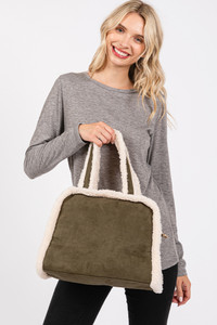 Fleece Trimmed Solid Tote and Crossbody Bag