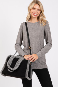 Fleece Trimmed Solid Tote and Crossbody Bag