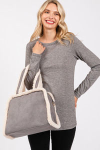 Fleece Trimmed Solid Tote and Crossbody Bag