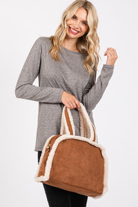 Fleece Trimmed Solid Tote and Crossbody Bag