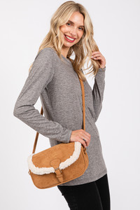 Fleece Trimmed Solid Tote and Crossbody Bag