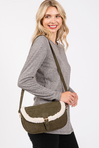 Fleece Trimmed Solid Tote and Crossbody Bag