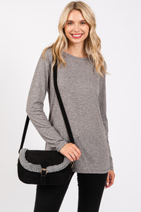 Fleece Trimmed Solid Tote and Crossbody Bag