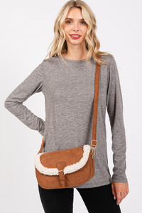 Fleece Trimmed Solid Tote and Crossbody Bag