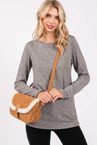 Fleece Trimmed Solid Tote and Crossbody Bag
