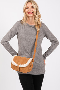 Fleece Trimmed Solid Tote and Crossbody Bag