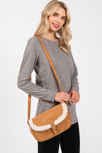 Fleece Trimmed Solid Tote and Crossbody Bag