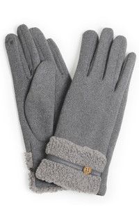Teddy Strip with Button Trim Fur Cuff Gloves