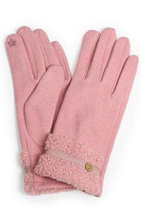 Teddy Strip with Button Trim Fur Cuff Gloves