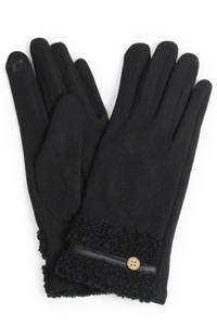Teddy Strip with Button Trim Fur Cuff Gloves