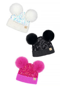 C.C Baby Sequin Fur Pom Pom Beanie