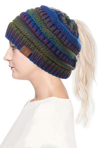 Multi Color Cable Knit Beanie Tail