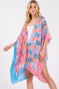Two Tones Trim Abstract Pattern Silky Feel Kimono