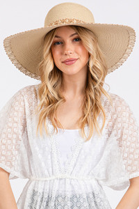 Woven Detail Edge and Band Wide Brim Floppy Hat