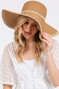 Woven Detail Edge and Band Wide Brim Floppy Hat