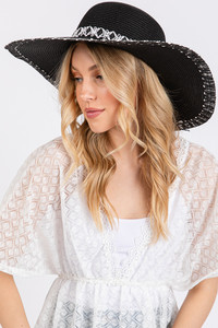 Woven Detail Edge and Band Wide Brim Floppy Hat