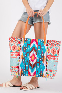 Boho Style Aztec Pattern Tassel Summer Tote Bag