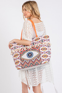Evil Eye Bead Print Pom Pom Tassel Aztec Tote Bag