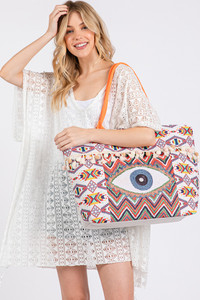 Evil Eye Bead Print Pom Pom Tassel Aztec Tote Bag