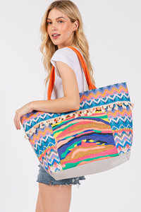 Abstract Boho and Bead Print Pom Pom Tote Bag